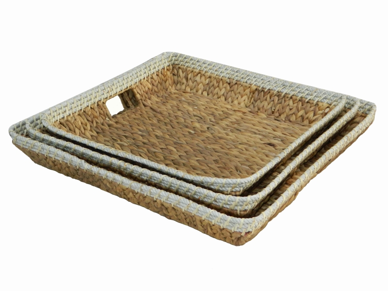 3pc square water hyacinth tray with rope rim